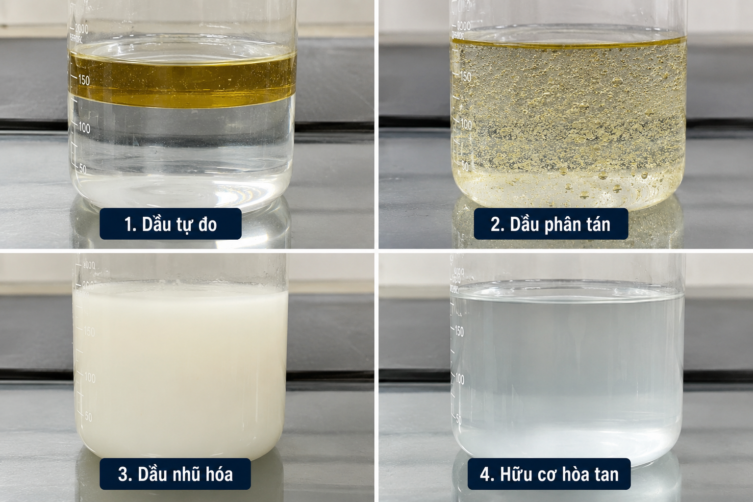 các trạng thái dầu tự do phân tán và nhũ hóa trong nước thải
