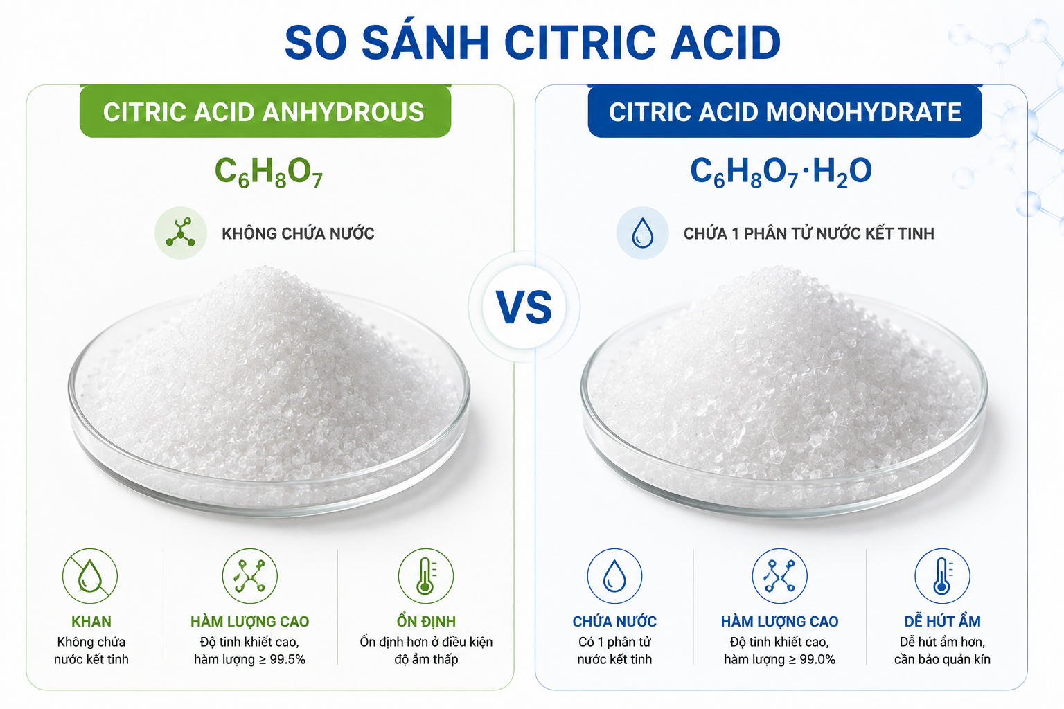 So sánh Citric Acid Anhydrous và Citric Acid Monohydrate