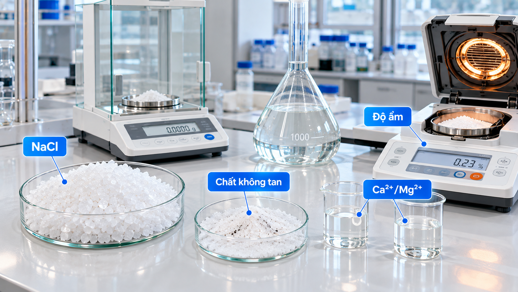 Kiểm tra chất lượng muối NaCl tinh luyện qua độ ẩm, tạp chất và khả năng hòa tan.