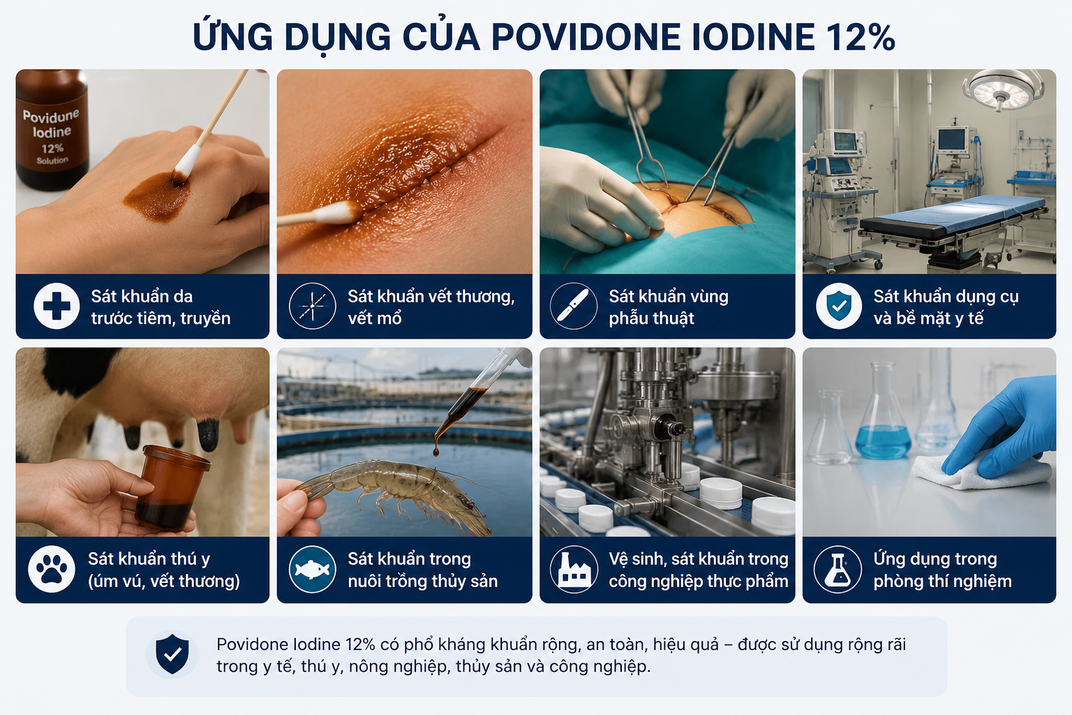ứng dụng PVP Iodine trong sản xuất chế phẩm sát khuẩn và thú y