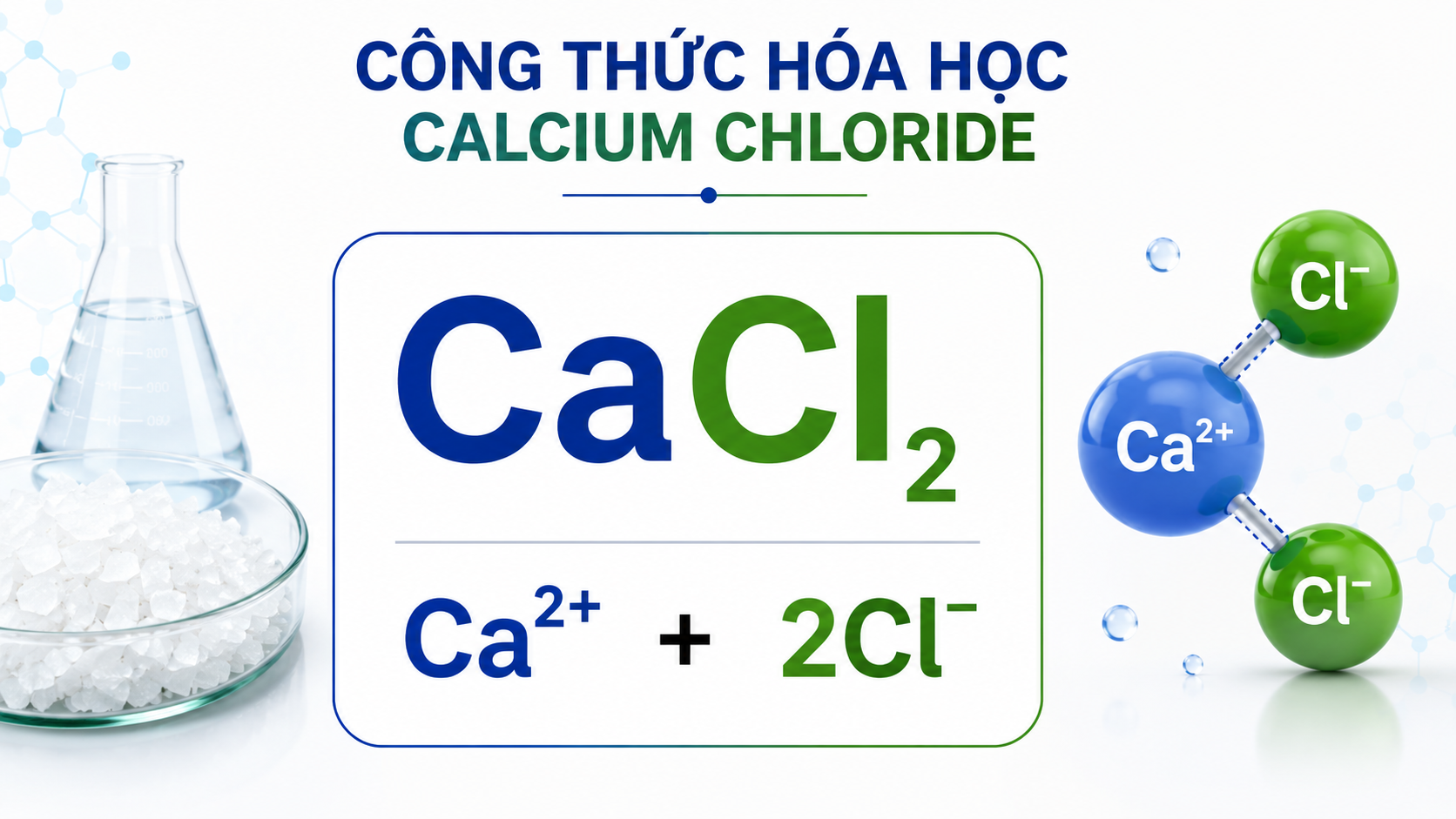 Công thức hóa học Calcium Chloride Anhydrous CaCl₂ và cấu tạo ion Ca²⁺, Cl⁻
