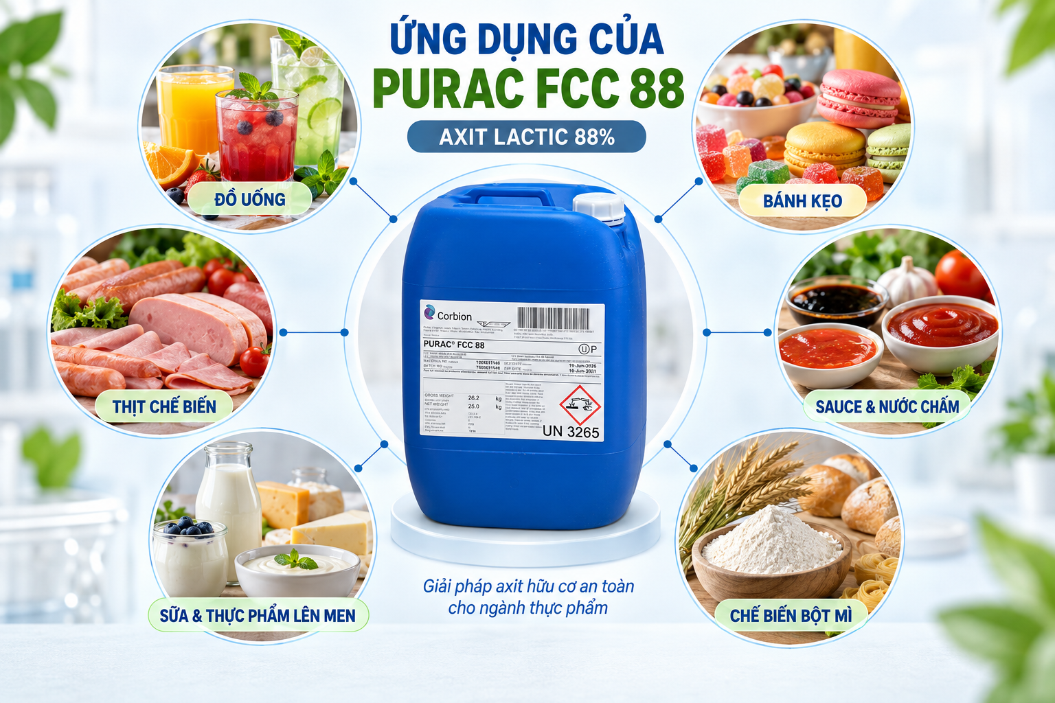 Ứng dụng Axit Lactic PURAC FCC 88 trong đồ uống, bánh kẹo, thịt, nước sốt và thực phẩm