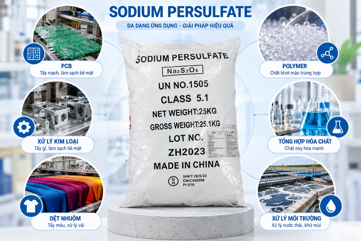 Ứng dụng Sodium Persulfate 99% Na₂S₂O₈ trong PCB, xử lý kim loại, polymer, hóa chất và xử lý môi trường.