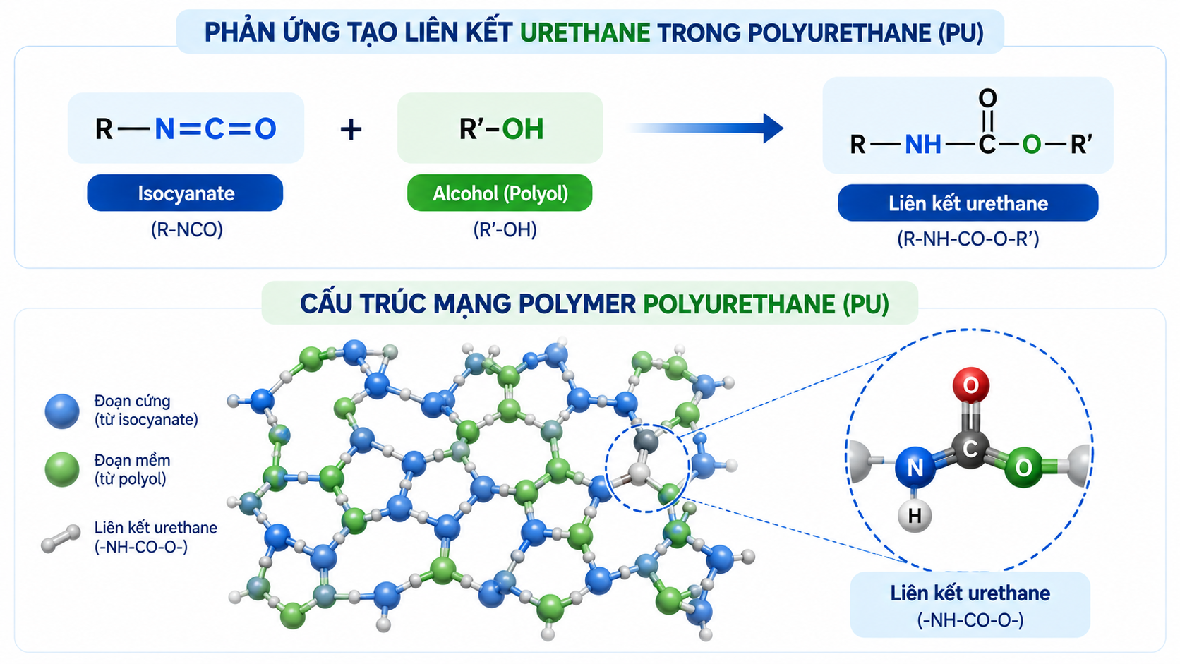 Sơ đồ phản ứng nhóm isocyanate NCO và polyol tạo liên kết urethane.