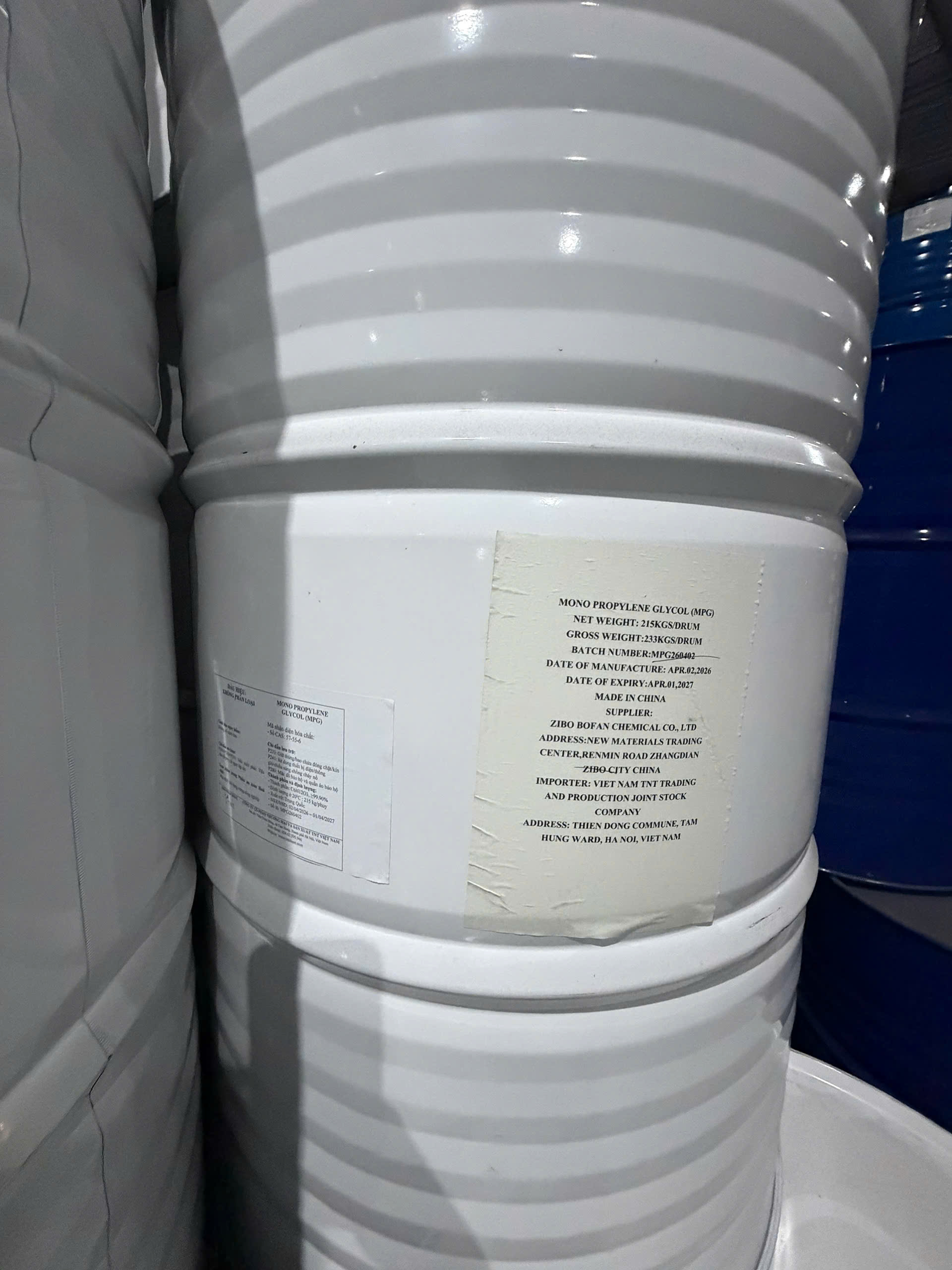 Mono Propylene Glycol MPG Trung Quốc 215kg, CAS 57-55-6, dung môi glycol dùng trong sản xuất công nghiệp.